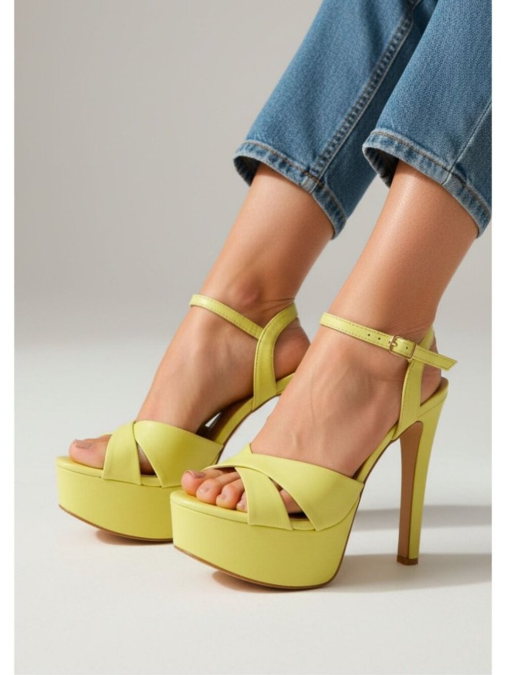 Yellow High Heel Platform Sandals With Ankle Strap Open Toe And Cross-Strap Desi